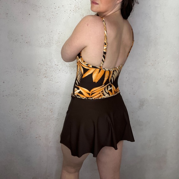 Vintage 1990s Skirted One Piece Swimsuit Orange and Brown Tropical - Picture 2 of 6
